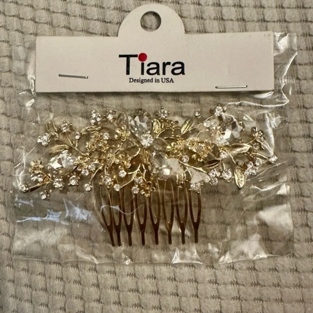 New Tiara Clear Stone Embellished Hair Pic - Gold Tone